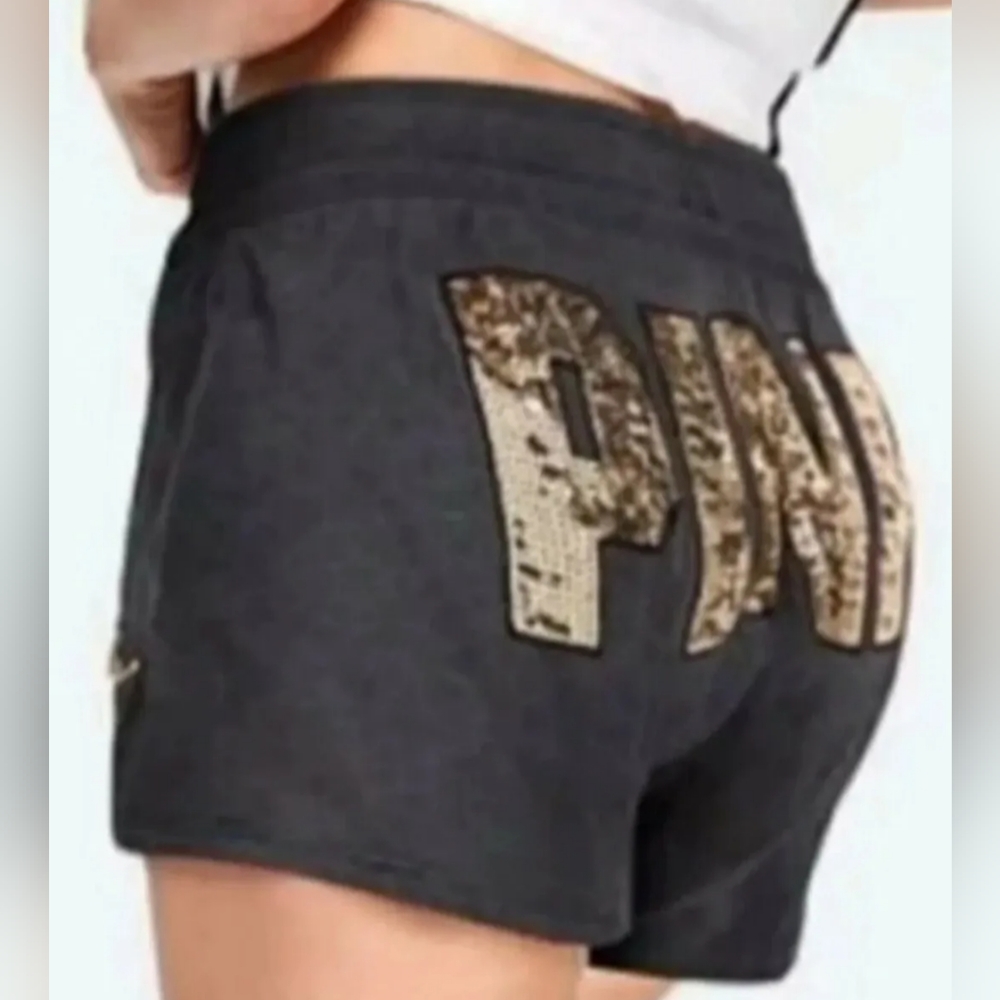 RARE VS VICTORIA Secret PINK BLING DOG LOGO SEQUINS S GREY BOOTY SHORTS Y2K